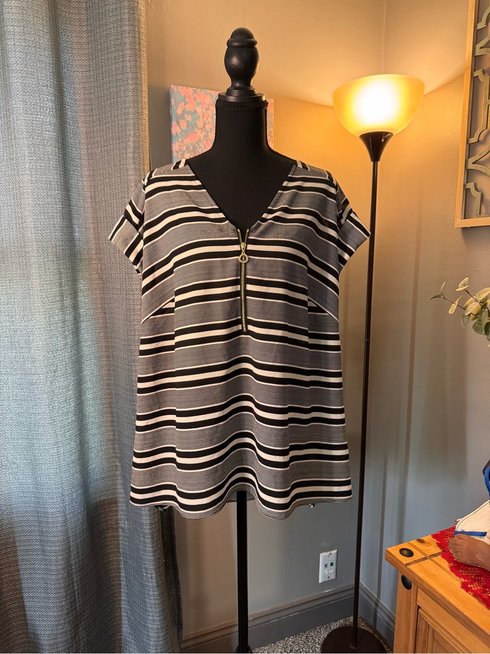 Calvin Klein Black and White Striped V-Neck Zip Short Sleeve Top